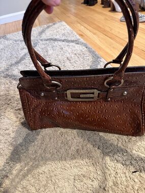 GUESS Brown Faux-Ostrich Leather Satchel